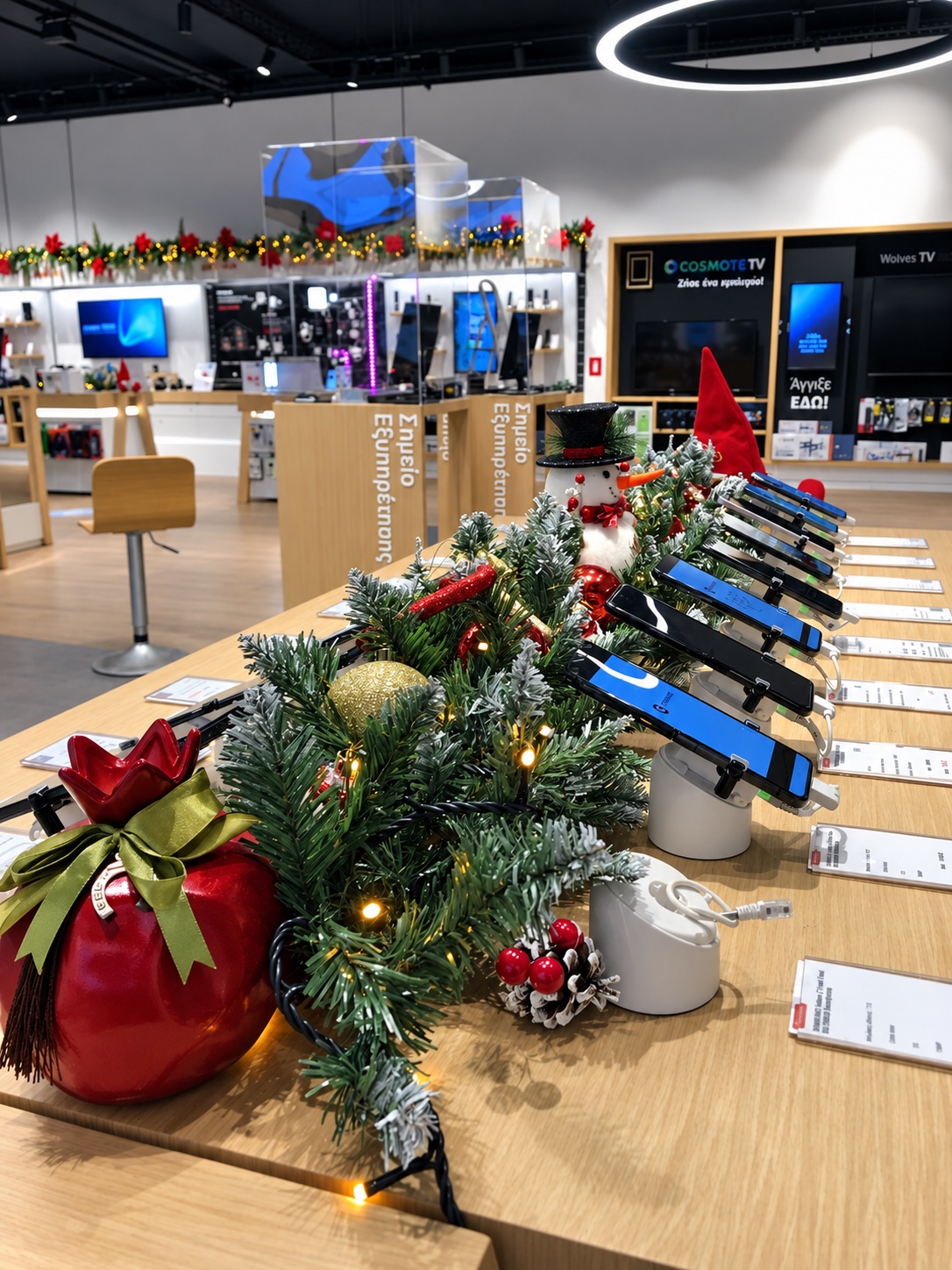 Christmas decoration installed around a smartphone display