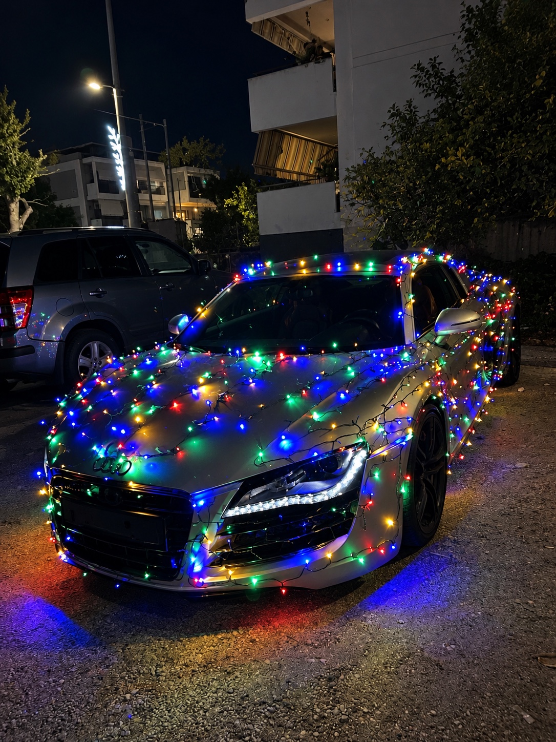Front view of the illuminated Audi R8 during the Athens activation