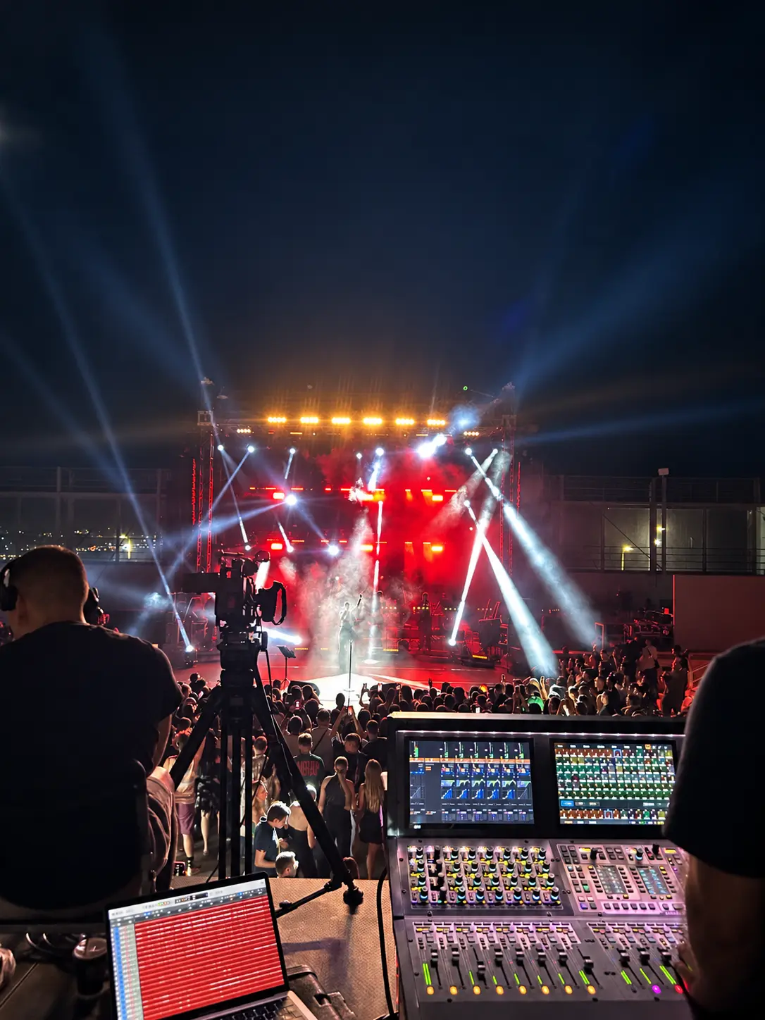 Front-of-house control position overlooking a live concert